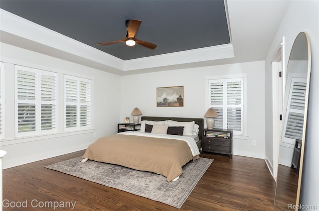 1017 N Maple Ave, Royal Oak, MI 48067 - bedroom featuring a tray ceiling, multiple windows, baseboards, dark wood finished floors, and ornamental molding