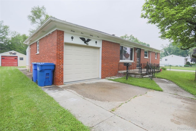 3581 Stolzenfeld Ave, Warren, MI 48091 - ranch-style home with brick siding, concrete driveway, a front lawn, and an attached garage