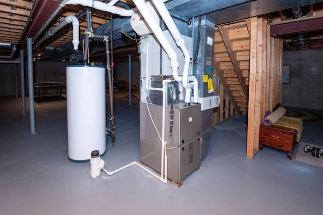 1480 Nelson Rd, Saint Joseph, MI 49085 - unfinished basement featuring water heater, heating unit, and stairs