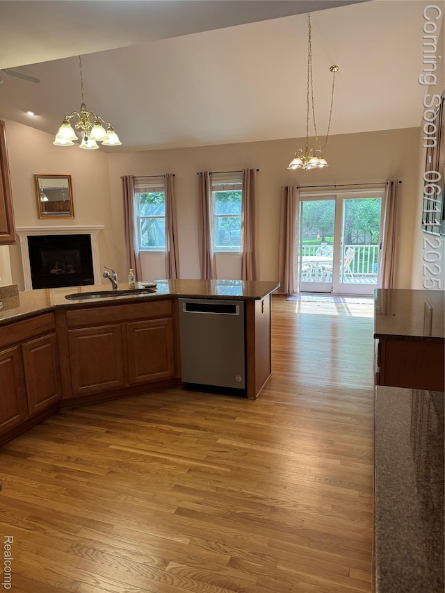 34444 Fargo St, Livonia, MI 48152 - kitchen with a chandelier, dishwasher, vaulted ceiling, and light wood-style floors