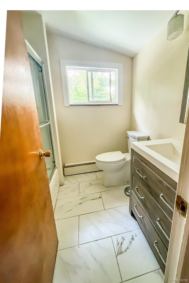 46254 Custer Ave, Utica, MI 48317 - full bathroom featuring a baseboard radiator, marble finish flooring, vanity, and bath / shower combo with glass door