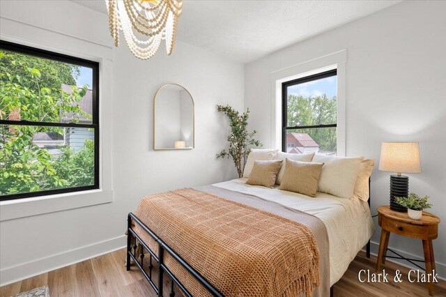 820 Hackett St, Ionia, MI 48846 - bedroom featuring light wood-style flooring, a chandelier, and baseboards