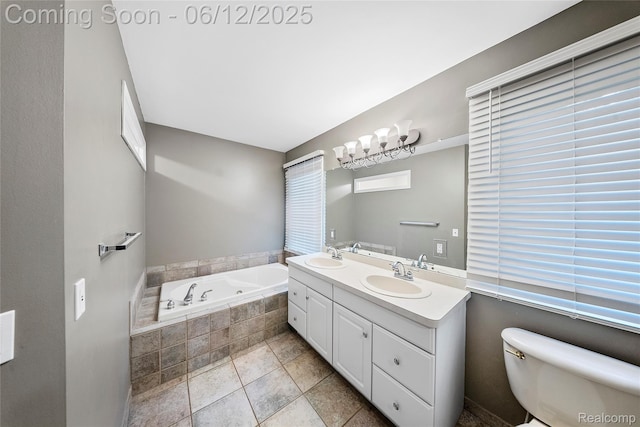 8487 Sherwood Dr, Grosse Ile, MI 48138 - full bathroom with a bath, double vanity, toilet, and stone finish flooring