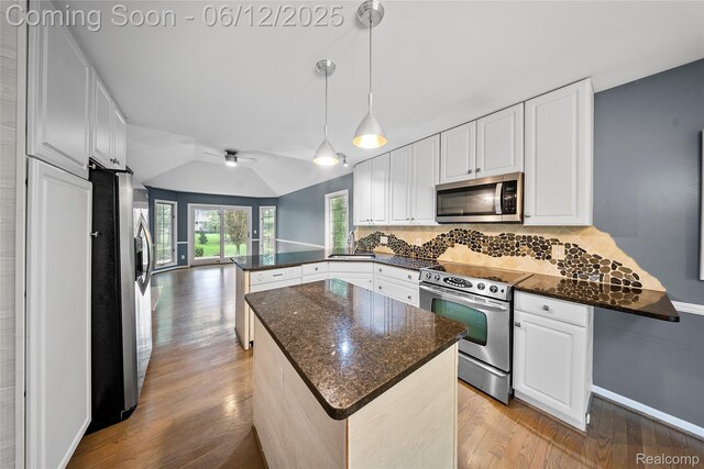 8487 Sherwood Dr, Grosse Ile, MI 48138 - kitchen with stainless steel appliances, a peninsula, light wood finished floors, decorative backsplash, and vaulted ceiling