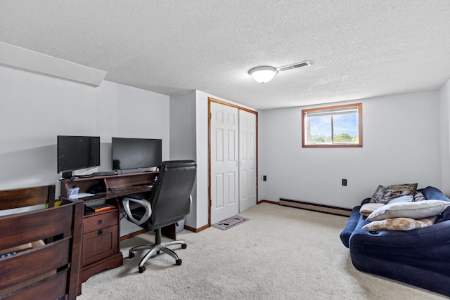 5886 13 Mile Rd, Remus, MI 49340 - office area featuring a baseboard heating unit, light carpet, a textured ceiling, and baseboards