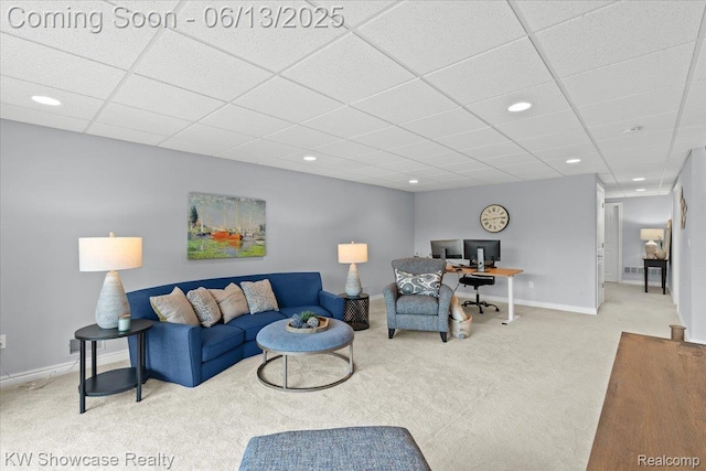 5624 Knob Hill Cir, Clarkston, MI 48348 - living area featuring carpet, an office area, recessed lighting, and a paneled ceiling
