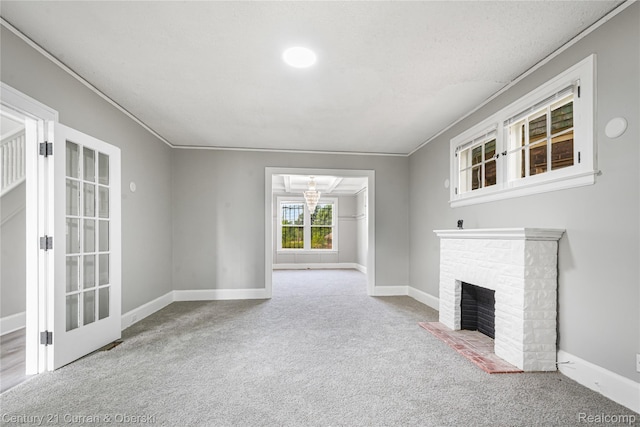 3054 Cadillac Blvd, Redford, MI 48214 - unfurnished living room featuring carpet flooring, ornamental molding, a fireplace, and baseboards