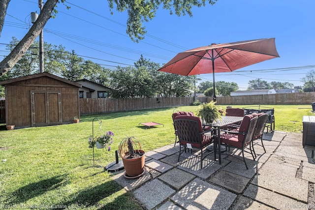 2095 Garry Dr, Troy, MI 48083 - fenced backyard with a patio, outdoor dining space, and a storage shed