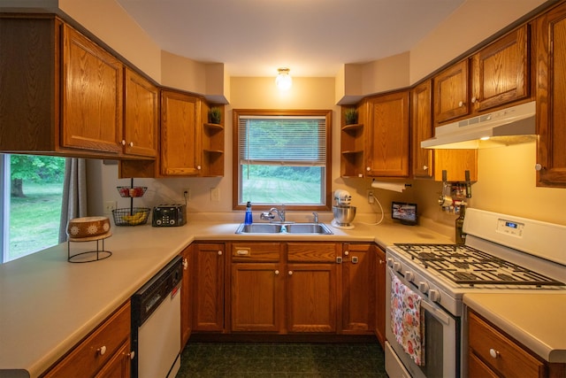 10926 Gorsline Rd, Battle Creek, MI 49014 - kitchen featuring white appliances, open shelves, under cabinet range hood, and a sink