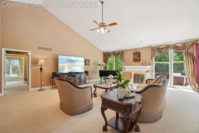 4541 Rivers Edge, Troy, MI 48098 - living area featuring high vaulted ceiling, light colored carpet, and a ceiling fan