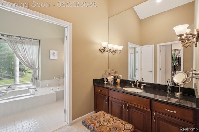 4541 Rivers Edge, Troy, MI 48098 - full bathroom featuring vanity, a garden tub, tile patterned floors, and a towering ceiling