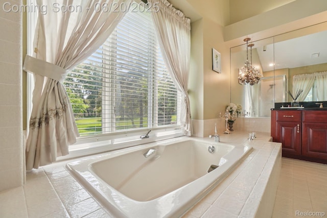 4541 Rivers Edge, Troy, MI 48098 - bathroom with vanity, a bath, a chandelier, and tile patterned floors