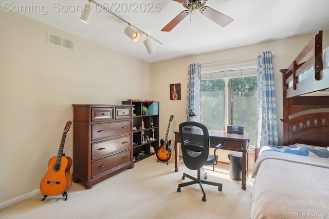 4541 Rivers Edge, Troy, MI 48098 - bedroom with light carpet, rail lighting, ceiling fan, and a desk