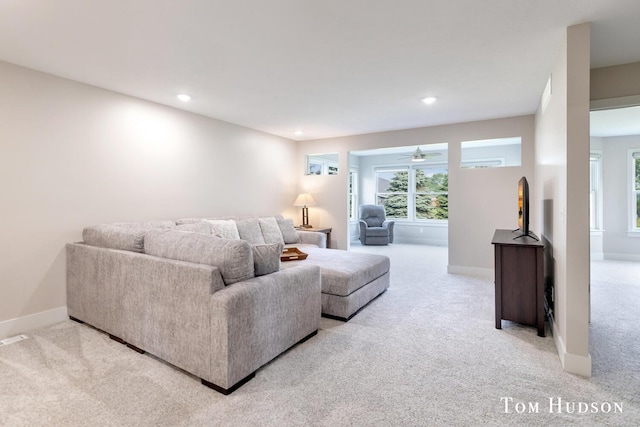 158 Brewer Park Cir, Grand Rapids, MI 49548 - living room featuring light colored carpet, baseboards, recessed lighting, and a ceiling fan
