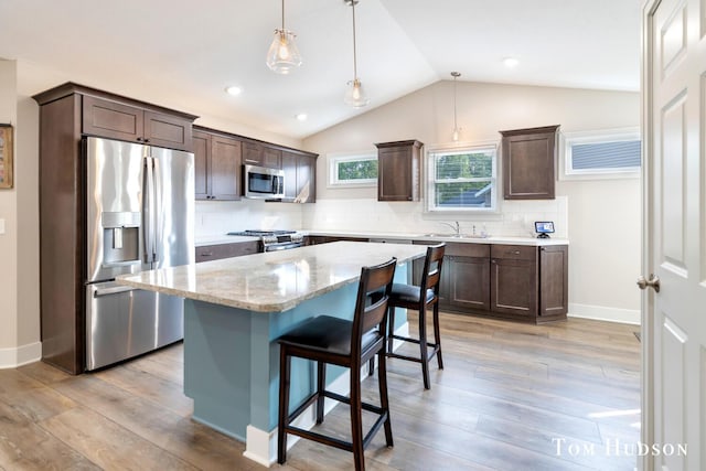 158 Brewer Park Cir, Grand Rapids, MI 49548 - kitchen with stainless steel appliances, a sink, dark brown cabinets, light wood finished floors, and lofted ceiling