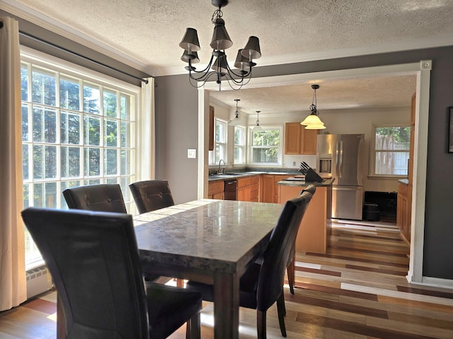 10017 M-115, Cadillac, MI 49601 - dining room featuring a textured ceiling, ornamental molding, a chandelier, and wood finished floors