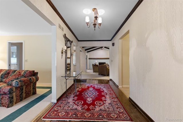 22840 Twyckingham Way, Addison, MI 48034 - hall featuring crown molding, a chandelier, and wood finished floors