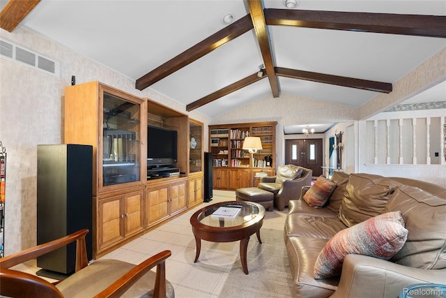 22840 Twyckingham Way, Addison, MI 48034 - living room with a chandelier, wallpapered walls, and built in features