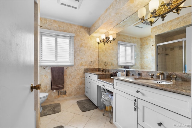 22840 Twyckingham Way, Addison, MI 48034 - full bath featuring a chandelier, double vanity, a shower stall, tile patterned flooring, and wallpapered walls