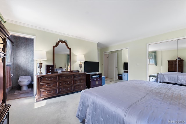 22840 Twyckingham Way, Addison, MI 48034 - bedroom with two closets, ornamental molding, light carpet, and connected bathroom
