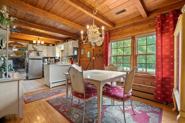 987 Wagner Dr, Battle Creek, MI 49017 - dining room with a chandelier, wooden ceiling with exposed beams, a baseboard heating unit, and light wood-style floors