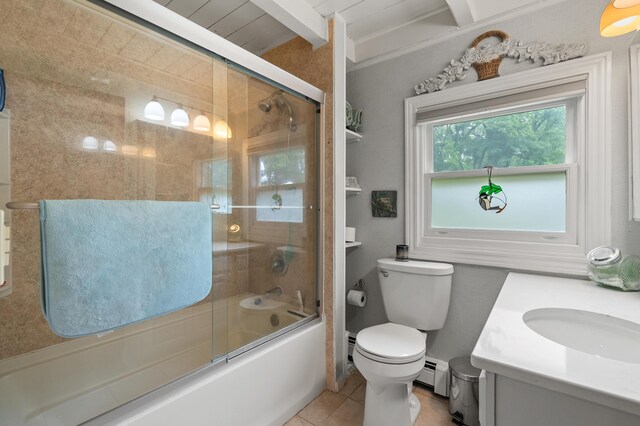 987 Wagner Dr, Battle Creek, MI 49017 - bathroom featuring a baseboard radiator, vanity, shower / bath combination with glass door, toilet, and tile patterned flooring