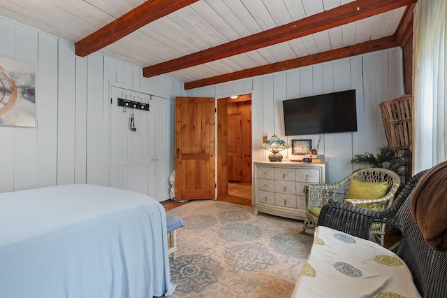 987 Wagner Dr, Battle Creek, MI 49017 - bedroom with wood finished floors, wooden ceiling with exposed beams, and wood walls