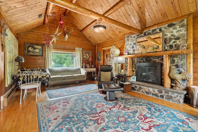 987 Wagner Dr, Battle Creek, MI 49017 - living room with wooden walls, hardwood / wood-style floors, wooden ceiling, a baseboard heating unit, and a fireplace