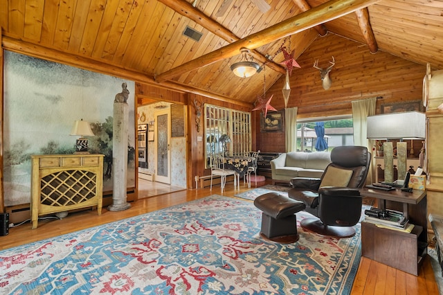 987 Wagner Dr, Battle Creek, MI 49017 - living area with wooden walls, wooden ceiling, hardwood / wood-style floors, and baseboard heating