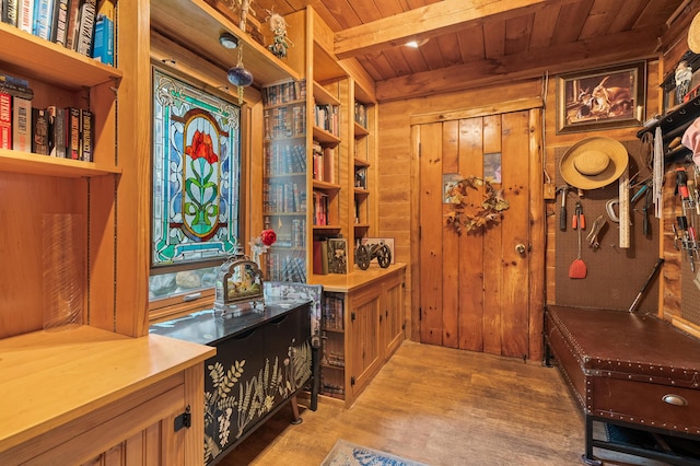 987 Wagner Dr, Battle Creek, MI 49017 - wine room with wooden ceiling with exposed beams, wood finished floors, and wooden walls