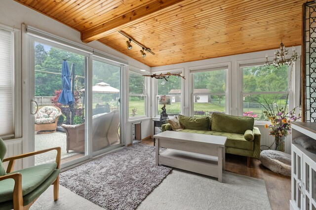 987 Wagner Dr, Battle Creek, MI 49017 - sunroom / solarium featuring wood ceiling, track lighting, vaulted ceiling, and wood finished floors