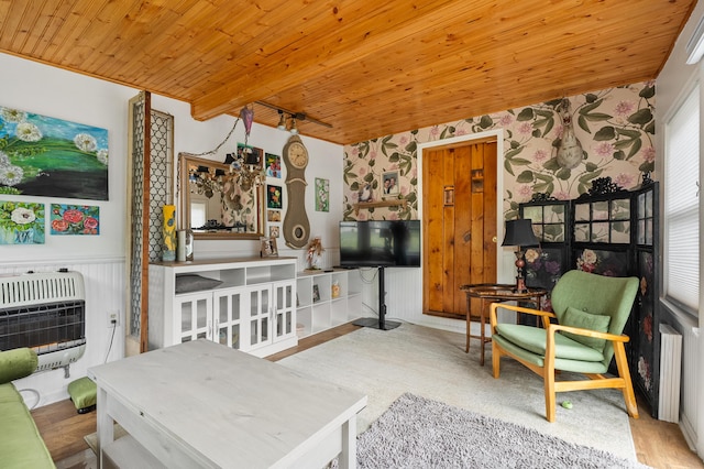 987 Wagner Dr, Battle Creek, MI 49017 - living room with heating unit, wallpapered walls, and wood ceiling