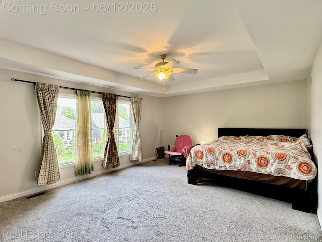 6038 Mayapple Dr, Troy, MI 48085 - carpeted bedroom with a raised ceiling, baseboards, and a ceiling fan