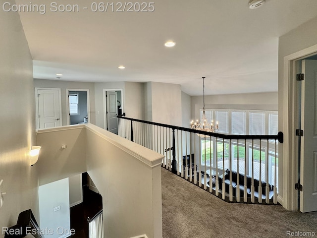 6038 Mayapple Dr, Troy, MI 48085 - corridor featuring carpet flooring, a chandelier, recessed lighting, and an upstairs landing