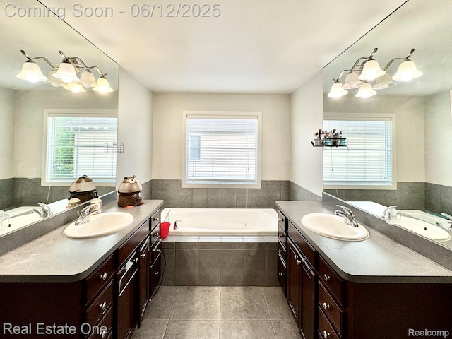 6038 Mayapple Dr, Troy, MI 48085 - bathroom with vanity, tile patterned flooring, and a garden tub