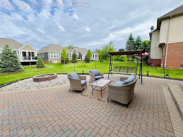 6038 Mayapple Dr, Troy, MI 48085 - view of patio / terrace featuring an outdoor living space with a fire pit and a residential view