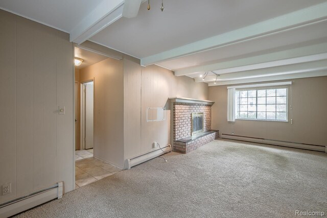 1231 Duckwood Ct, White Lake, MI 48383 - unfurnished living room featuring a baseboard heating unit, a baseboard radiator, beamed ceiling, carpet, and a brick fireplace