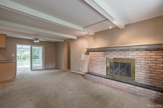 1231 Duckwood Ct, White Lake, MI 48383 - unfurnished living room with beam ceiling, baseboard heating, carpet, a fireplace, and a ceiling fan