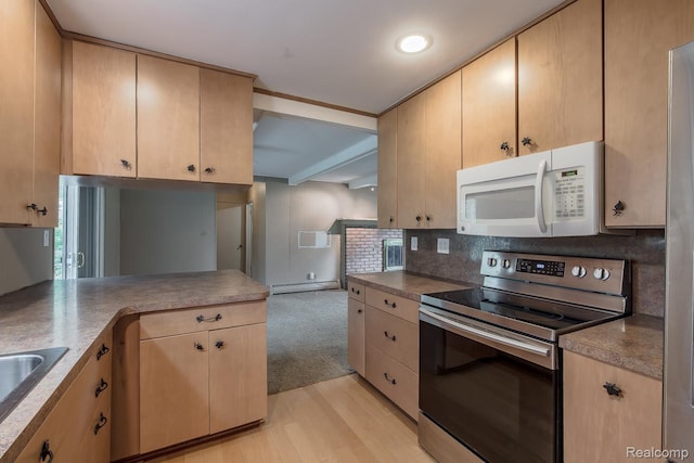 1231 Duckwood Ct, White Lake, MI 48383 - kitchen featuring white microwave, electric stove, a baseboard radiator, light brown cabinets, and light wood-style flooring