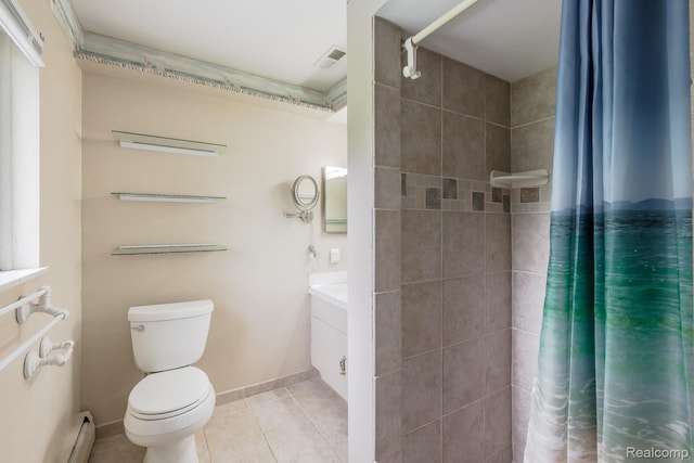 1231 Duckwood Ct, White Lake, MI 48383 - bathroom featuring vanity, a baseboard heating unit, tile patterned flooring, and a tile shower