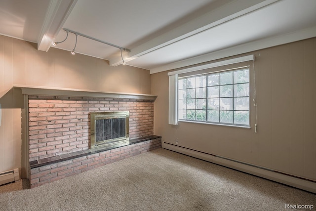 1231 Duckwood Ct, White Lake, MI 48383 - unfurnished living room featuring baseboard heating, beam ceiling, a fireplace, carpet, and a baseboard radiator