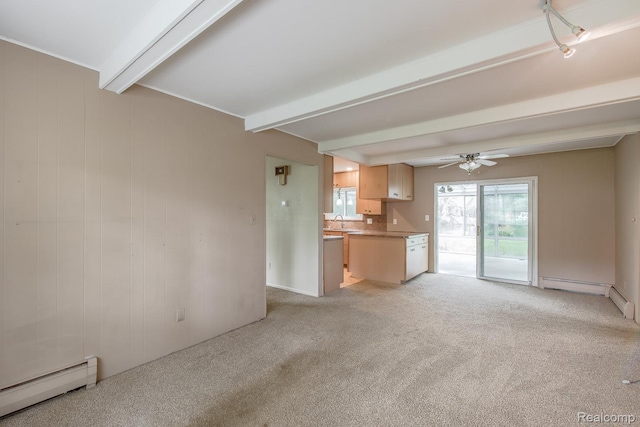1231 Duckwood Ct, White Lake, MI 48383 - unfurnished living room with baseboard heating, beamed ceiling, light carpet, a baseboard radiator, and a ceiling fan