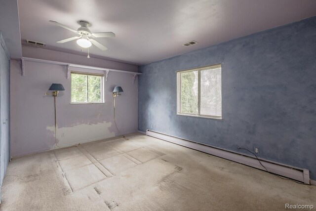 1231 Duckwood Ct, White Lake, MI 48383 - spare room featuring a baseboard radiator, a ceiling fan, and carpet