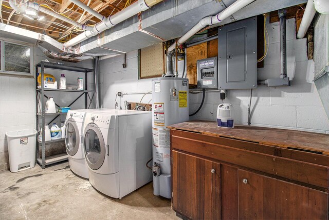 512 Clark St, Big Rapids, MI 49307 - laundry area with water heater, electric panel, independent washer and dryer, and concrete block wall