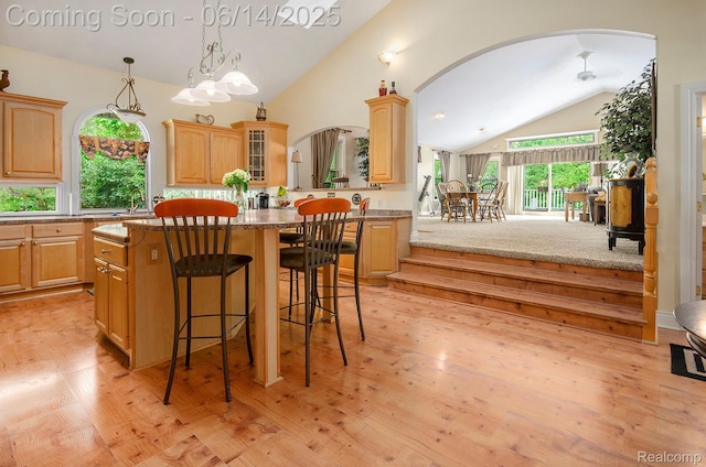 61995 Mount Vernon Rd, Washington, MI 48094 - kitchen with vaulted ceiling, arched walkways, a kitchen bar, a center island, and glass insert cabinets