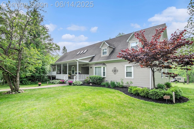 61995 Mount Vernon Rd, Washington, MI 48094 - cape cod home featuring covered porch, a front lawn, and a shingled roof