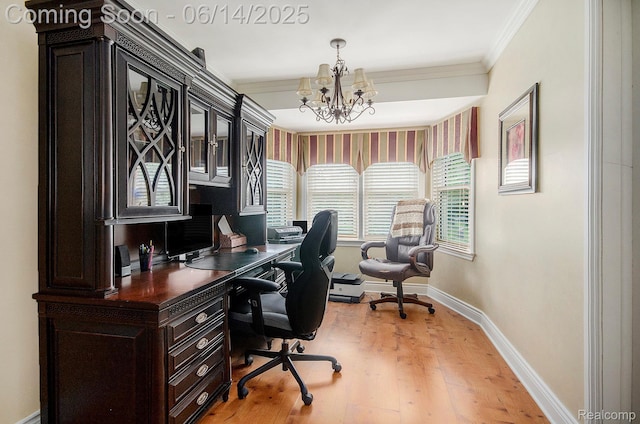 61995 Mount Vernon Rd, Washington, MI 48094 - office space featuring ornamental molding, a chandelier, and light wood-type flooring