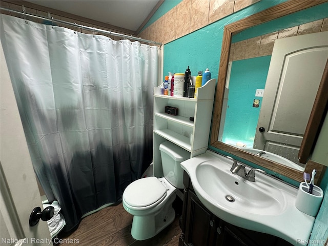5150 Lafave Rd, Black River, MI 48721 - full bathroom featuring vanity, lofted ceiling, and a shower with curtain