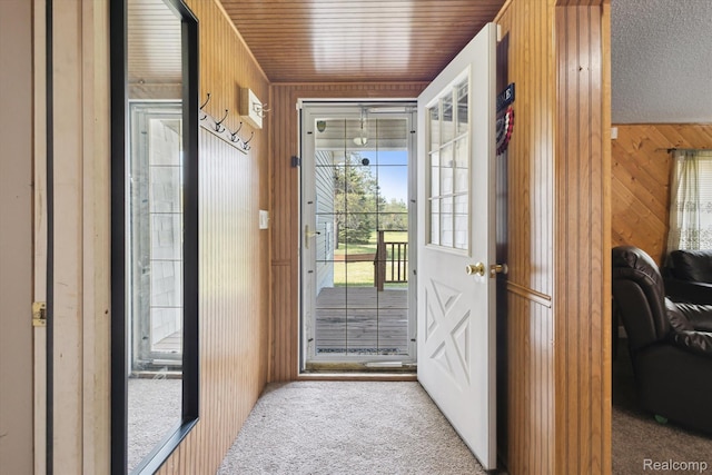 2536 Meridian Rd, Lewiston, MI 49756 - doorway with wooden walls and carpet flooring