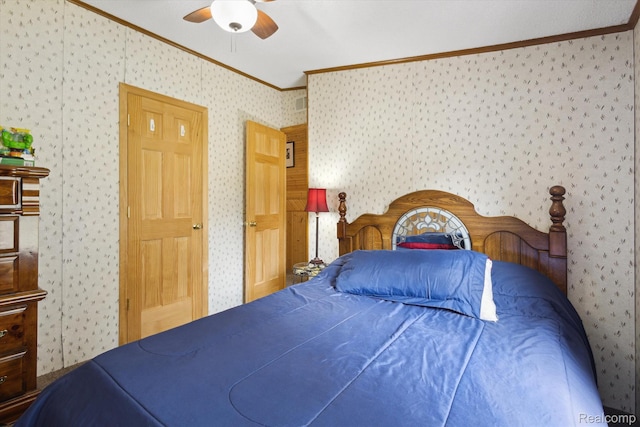 2536 Meridian Rd, Lewiston, MI 49756 - bedroom featuring crown molding, a ceiling fan, and wallpapered walls